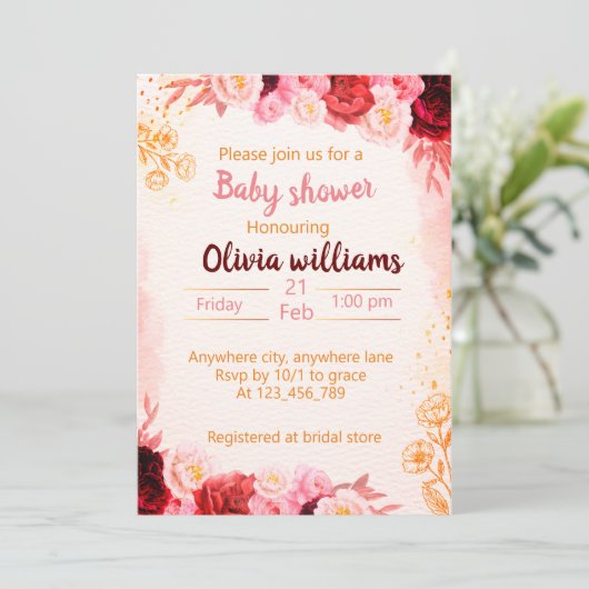 バーガンディ埃っぽいピンクの水色と開花のベビー 招待状 (スタンド正面)