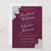 バーガンディ大理石の銀の輝きのある筆致の結婚式 招待状 (正面)