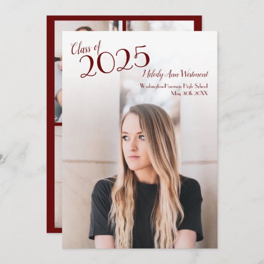 バーガンディ学校のカラー卒業発表 招待状 (正面/裏面)