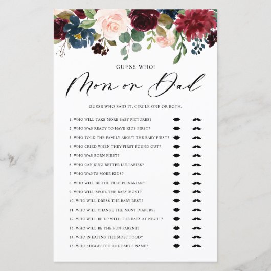 バーガンディ推測誰がママまたはパパ赤ちゃんシャワーゲーム (正面)