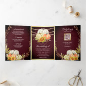 バーガンディ木材ひまわりカボチャQRコード結婚ズ 三つ折り招待状 (内部)