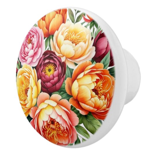 バーガンディ桃の花ピンク牡丹の花の模様 セラミックノブ (右)