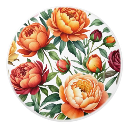 バーガンディ桃の花牡丹の花の模様 セラミックノブ (正面)