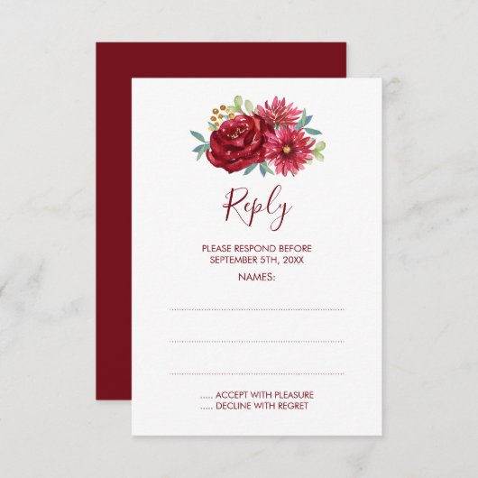 バーガンディ水の色の花結婚の返信カード 出欠カード (正面/裏面)