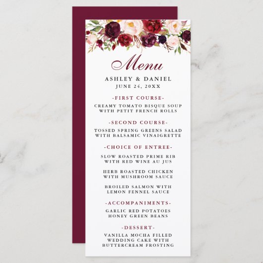 バーガンディ水カラーフローラ結婚のメニュー メニュー (正面/裏面)