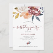 バーガンディ水カラーフローラ |誕生日パーティー 招待状 (正面)