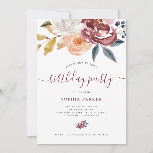 バーガンディ水カラーフローラ |誕生日パーティー 招待状 (正面)