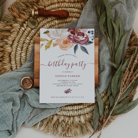 バーガンディ水カラーフローラ |誕生日パーティー 招待状