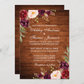 バーガンディ水カラー素朴フローラ結婚ウッド 招待状 (正面/裏面)