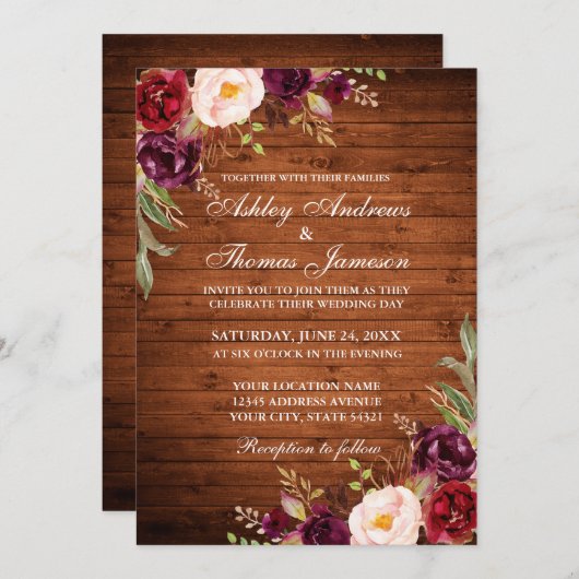 バーガンディ水カラー素朴フローラ結婚ウッド 招待状 (正面/裏面)