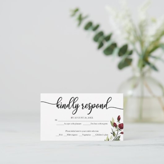 バーガンディ水彩フローラウェディングRSVP 素朴 エンクロージャーカード (スタンド正面)