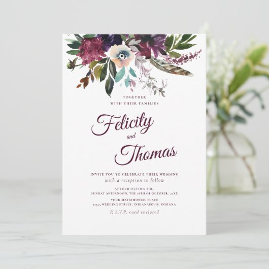 バーガンディ水彩フローラスプレーホワイト結婚ズ 招待状 (スタンド正面)