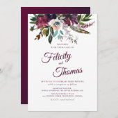 バーガンディ水彩フローラスプレーホワイト結婚ズ 招待状 (正面/裏面)