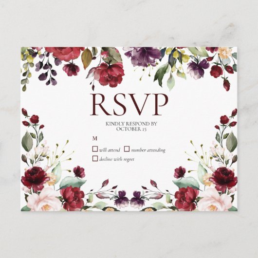 バーガンディ水彩フローラドロップなしメニュー出欠 インビテーションポストカード (正面)