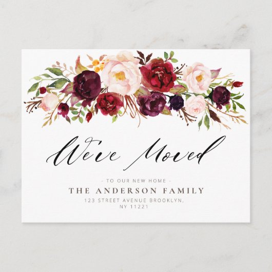 バーガンディ水彩フローラ移動はがき ポストカード (正面)