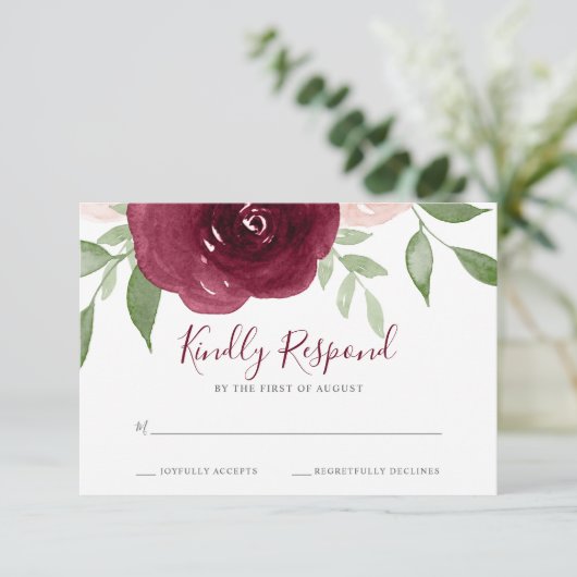 バーガンディ水彩フローラ結婚式RSVP 出欠カード (スタンド正面)