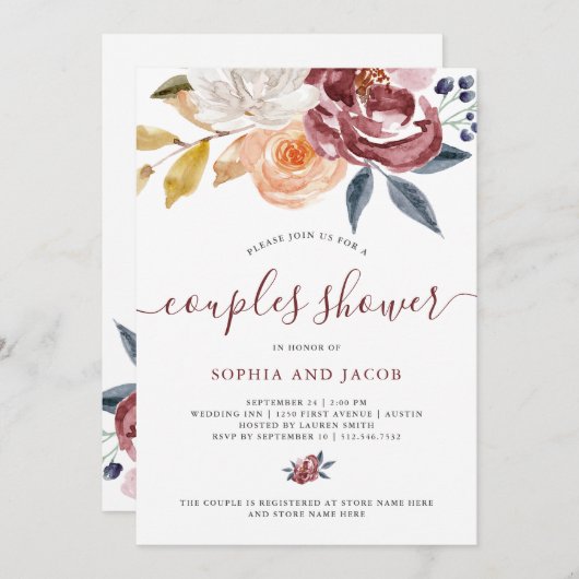 バーガンディ水彩フローラ|カップルシャワー 招待状 (正面/裏面)