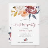 バーガンディ水彩フローラ|驚きのパーティー 招待状 (正面/裏面)