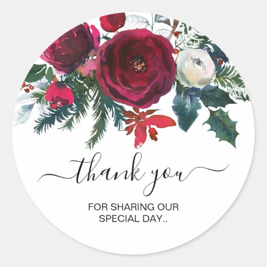 バーガンディ水彩冬の花ありがとう ラウンドシール (正面)