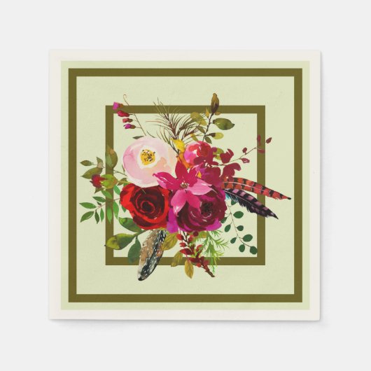 バーガンディ水彩花と羽 スタンダードカクテルナプキン (正面)