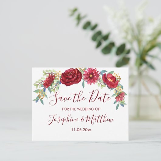 バーガンディ水彩花デートを保存 案内ポストカード (スタンド正面)