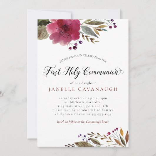バーガンディ水彩花ファースト聖餐式 招待状 (正面)