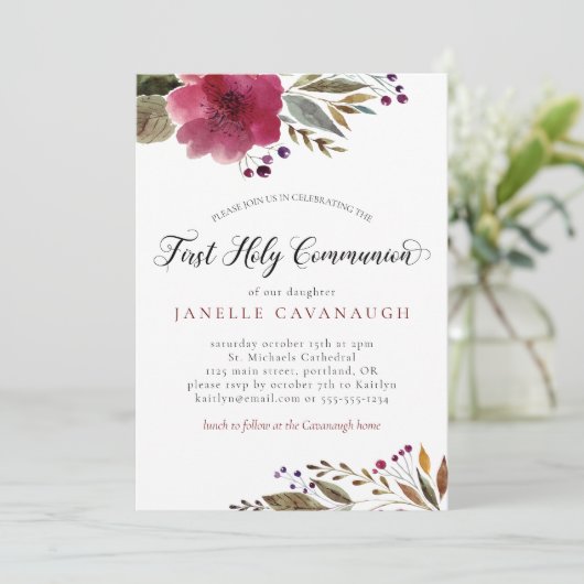 バーガンディ水彩花ファースト聖餐式 招待状 (スタンド正面)