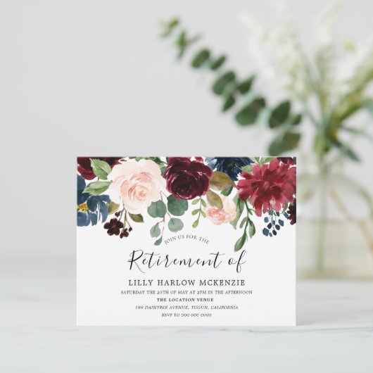 バーガンディ水彩花花退職用パーティー 招待状 (スタンド正面)