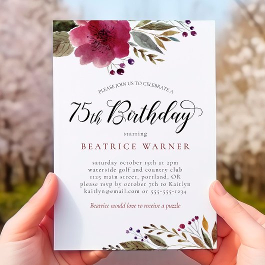バーガンディ水彩花75誕生日 招待状