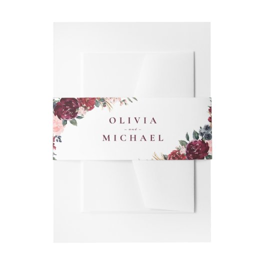 バーガンディ水色フローララスティックボホ結婚ーズ 招待状ベリーバンド (正面例)