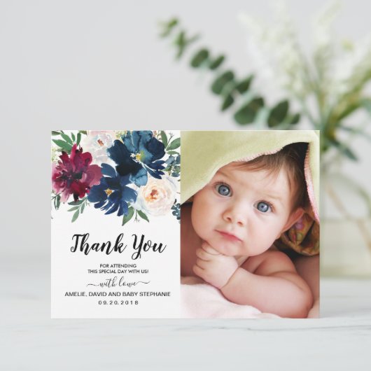 バーガンディ海軍の花ベビーシャワーありがとう写真 サンキューカード (スタンド正面)