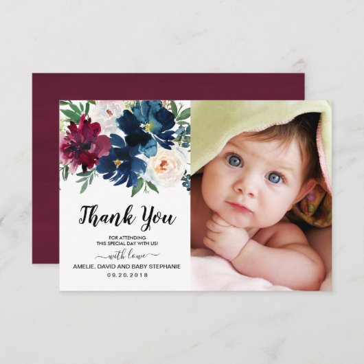 バーガンディ海軍の花ベビーシャワーありがとう写真 サンキューカード (正面/裏面)