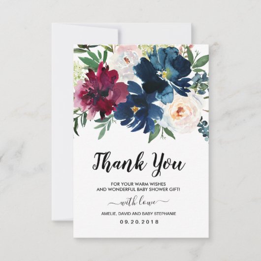 バーガンディ海軍の花ベビーシャワーありがとう サンキューカード (正面)