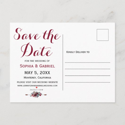 バーガンディ海軍フローラレース木材の日付写真を保存 案内ポストカード (裏面)