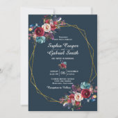 バーガンディ海軍フローラ金ゴールドフレーム結婚オン灰色 招待状 (正面)