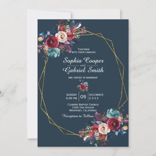 バーガンディ海軍フローラ金ゴールドフレーム結婚オン灰色 招待状 (正面)