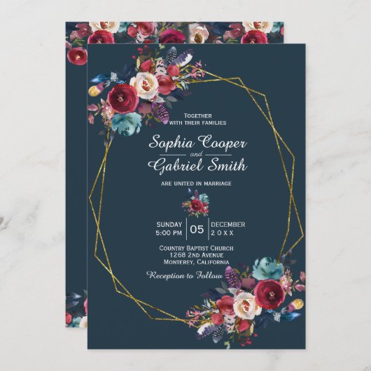 バーガンディ海軍フローラ金ゴールドフレーム結婚オン灰色 招待状 (正面/裏面)