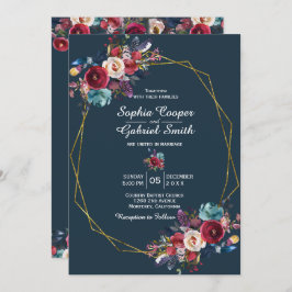 バーガンディ海軍フローラ金ゴールドフレーム結婚オン灰色 招待状