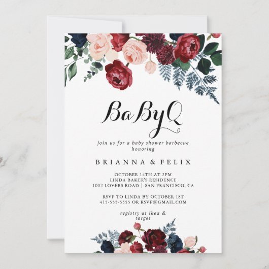 バーガンディ海軍フローラBabyQベビーシャワーバーベキュー 招待状 (正面)
