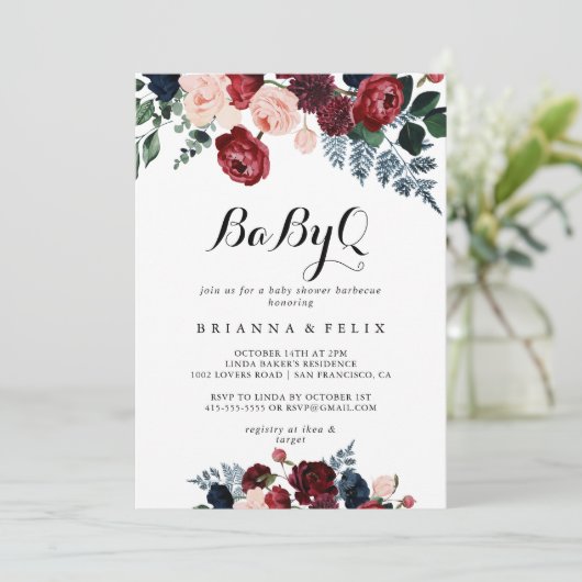 バーガンディ海軍フローラBabyQベビーシャワーバーベキュー 招待状 (スタンド正面)