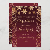 バーガンディ渦巻形の金ゴールドスノーフレッ縁どククリスマス シーズンカード (正面/裏面)