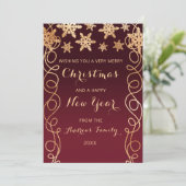 バーガンディ渦巻形の金ゴールドスノーフレッ縁どククリスマス シーズンカード (スタンド正面)