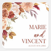 バーガンディ焦げオレンジ色の茶色のフローラ結婚の花 スクエアシール (正面)