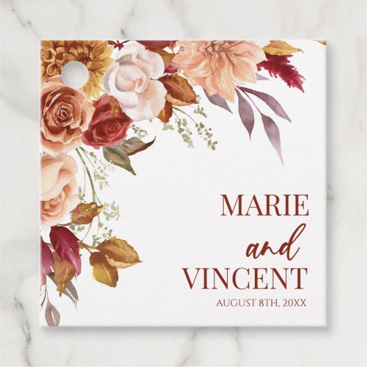 バーガンディ焦げオレンジ色の茶色のフローラ結婚の花 フェイバータグ (正面)