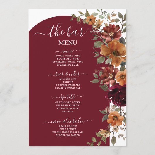 バーガンディ焼けオレンジ結婚フローラのメニュー プログラム (裏面)