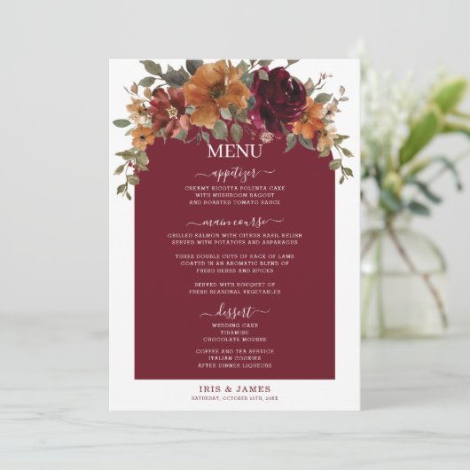 バーガンディ焼けオレンジ結婚フローラのメニュー プログラム (スタンド正面)