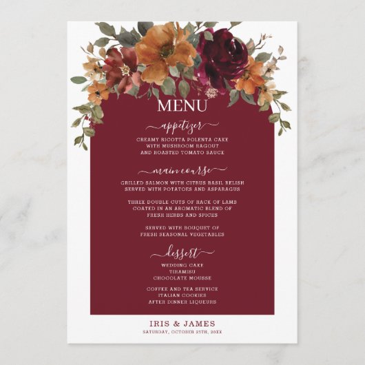 バーガンディ焼けオレンジ結婚フローラのメニュー プログラム (正面)