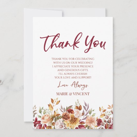 バーガンディ燃えたオレンジ色のフローラの花カスタムの写真 サンキューカード (正面)