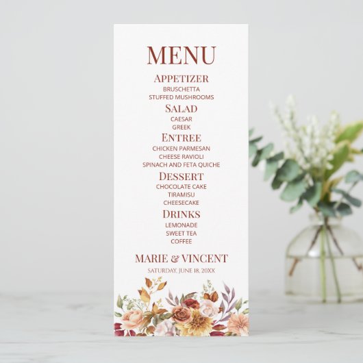 バーガンディ燃えたオレンジ色のフローラ結婚の花の食品 メニュー (スタンド正面)