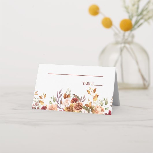 バーガンディ燃えたオレンジ色のフローラ結婚の花 プレイスカード (正面)